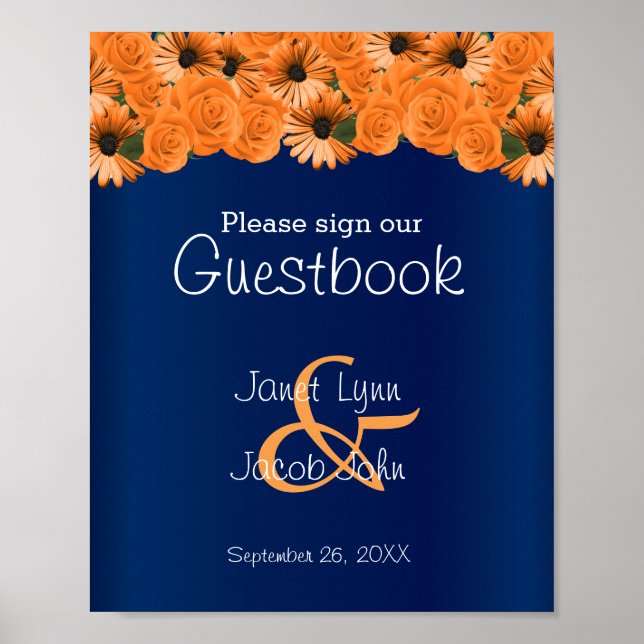 Guestbook Sign Beautiful Orange Rose / Navy Blue  (Front)