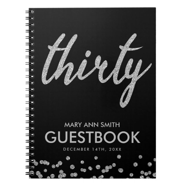 Guestbook Silver Black Thirty 30 Birthday Glitter Notebook (Front)