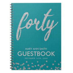 Guestbook Silver Teal "Forty" 40 Birthday Glitter Notebook