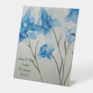 Guestbook Wedding Blue Flowers  Hand Fan Pedestal Sign