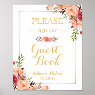 Guestbook Wedding Sign Rustic Gold Orange Floral