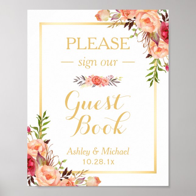 Guestbook Wedding Sign | Rustic Gold Orange Floral (Front)