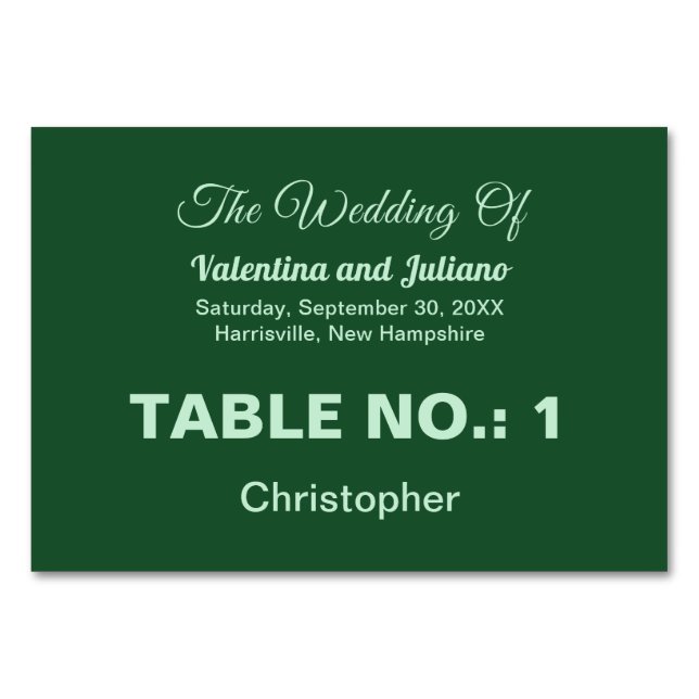 Guest's Name on Monochrome Emerald Green Wedding Table Number (Front)