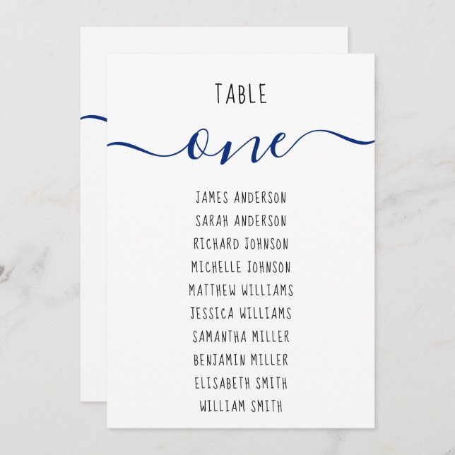Guests Names & Blue Script 5x7 Table Seating Sign Invitation (Front/Back)