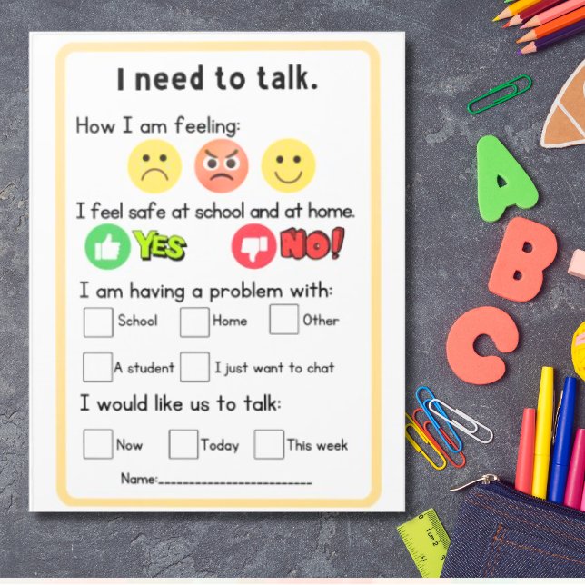 Guidance counsellor request form primary non-reade notepad (Primary counseling request self-referral for early reader identifying feelings, indicating safety)