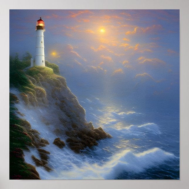 Guiding Light Cliff Lighthouse Digital Art Poster (Front)