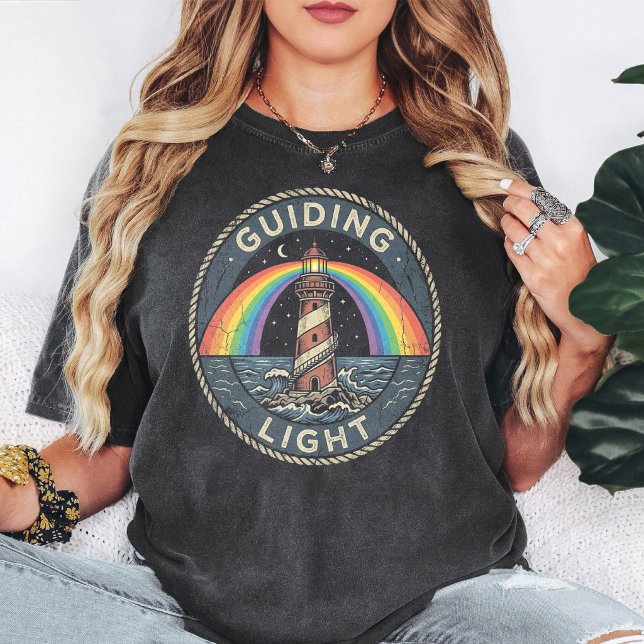 Guiding Light Lighthouse Rainbow Retro Badge T-Shirt (Creator Uploaded)