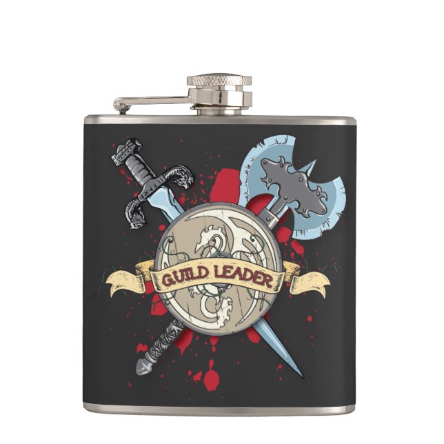 GUILD LEADER Tattoo - Sword, Axe, and Shield Hip Flask (Front)