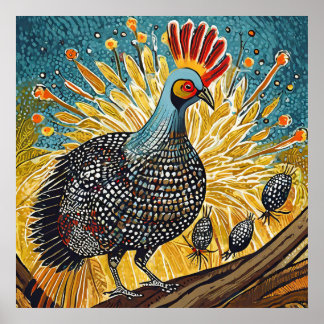 Guinea fowl catching ticks - AI generated artwork. Poster