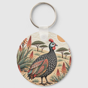 Guinea fowl with aloes on the African savannah Key Ring