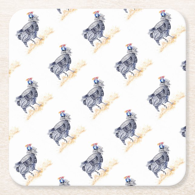 Guinea hen square paper coaster (Front)
