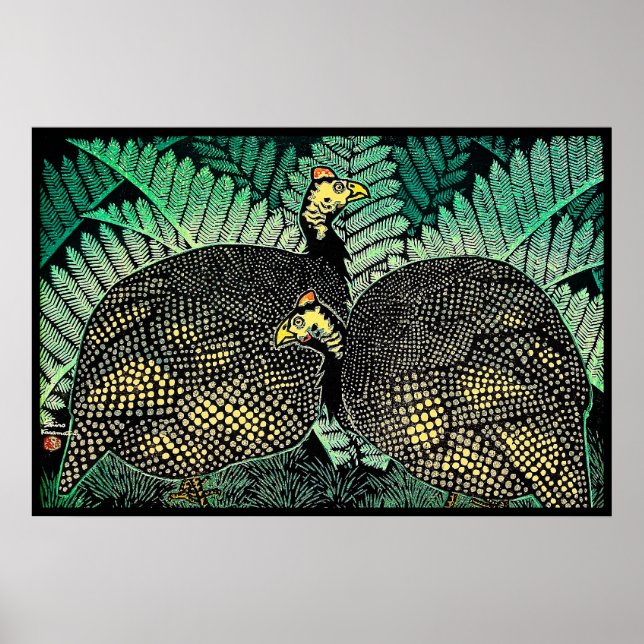 Guinea Hens kasamatsu shiro bird leaf japanese art Poster (Front)