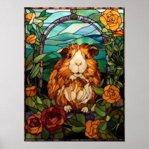 Guinea Pig Among Roses Stained Glass Window Design Poster