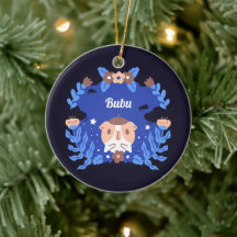 Guinea pig and blue flowers custom name ornament