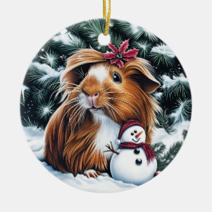 Guinea Pig and Snowman Christmas Ceramic Tree Decoration