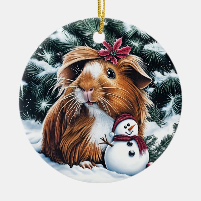Guinea Pig and Snowman Christmas Ceramic Tree Decoration (Front)