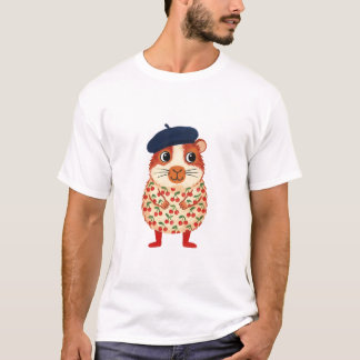 Guinea Pig Beret T-Shirt - Cute Folk Art Shirt