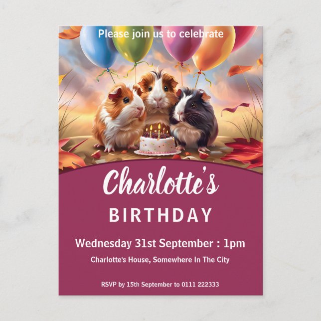 Guinea Pig Birthday Party Invitation Postcard (Front)