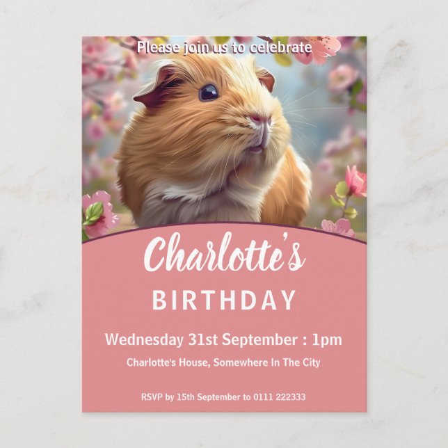 Guinea Pig & Cherry Blossom Birthday Party Invitation Postcard (Front)