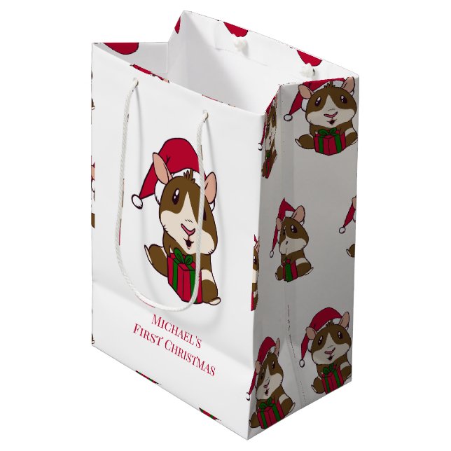 Guinea Pig First Christmas Cute Pet Personalised Medium Gift Bag (Front Angled)