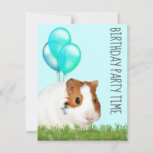 Guinea Pig Green Blue Balloons Custom Birthday  Invitation (Front)