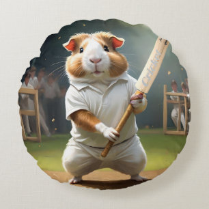 Guinea Pig Playing Cricket, Round Cushion