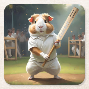 Guinea Pig Playing Cricket,  Square Paper Coaster