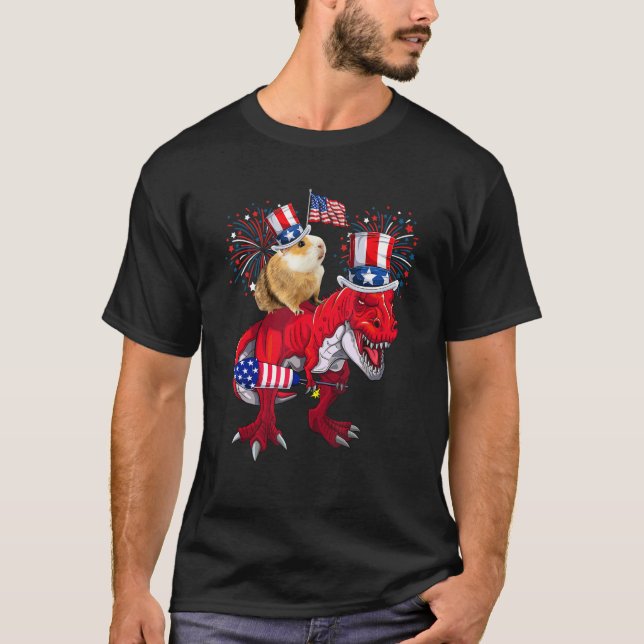 Guinea Pig Ridding T-Rex 4th Of July Fireworks Lov T-Shirt (Front)
