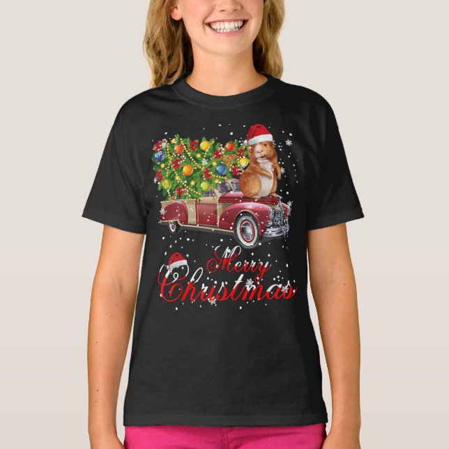 Guinea Pig Rides Red Truck Christmas T-Shirt (Front)