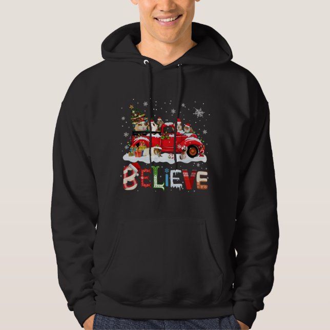 Guinea Pig Riding Red Truck Christmas Tree Believe Hoodie (Front)
