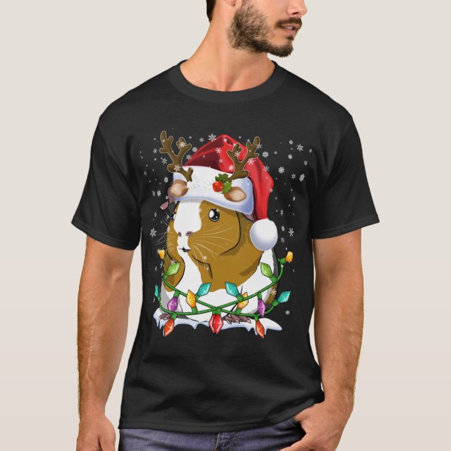 Guinea Pig Santa Hat Christmas Lights Family Match T-Shirt (Front)