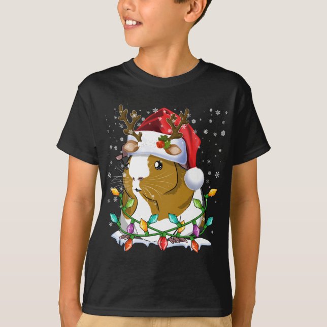 Guinea Pig Santa Hat Christmas Lights Family Match T-Shirt (Front)