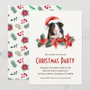 Guinea Pig Santa Hat Poinsettias Christmas Party Invitation