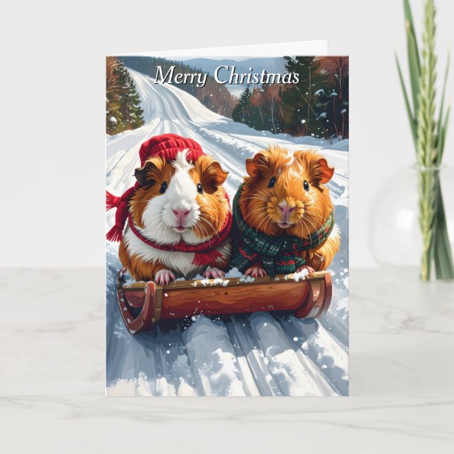 Guinea Pig Sled Ride Christmas Card (Front)