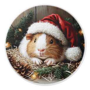 Guinea Pig Wearing a Santa Hat Ceramic Knob
