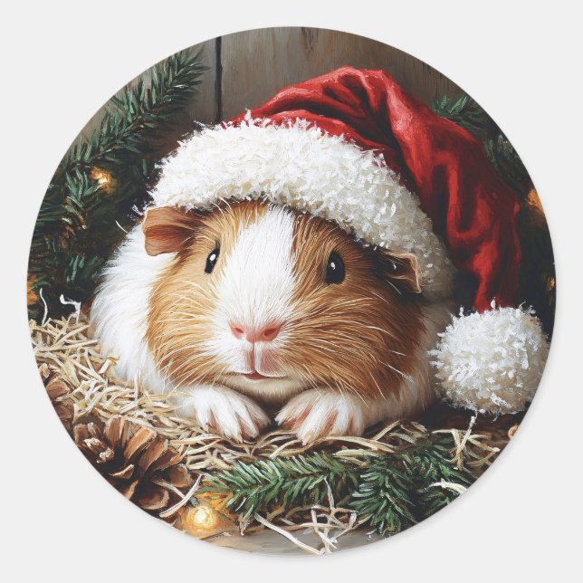 Guinea Pig Wearing a Santa Hat Classic Round Sticker (Front)