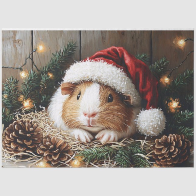 Guinea Pig Wearing a Santa Hat Decoupage Tissue Paper (Front)