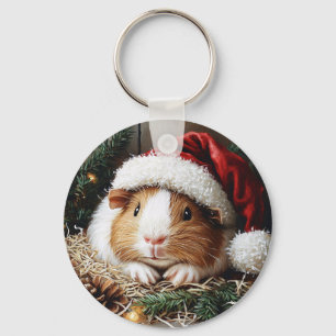 Guinea Pig Wearing a Santa Hat Key Ring