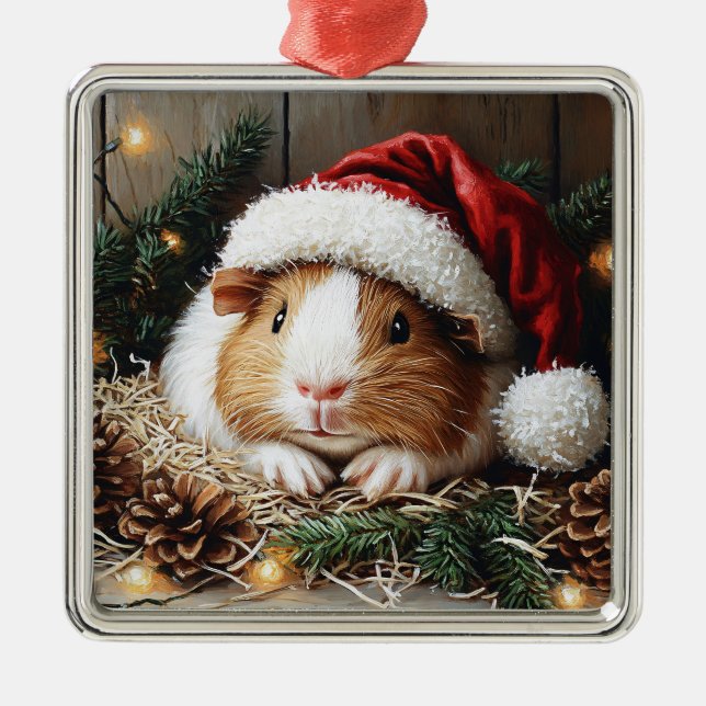Guinea Pig Wearing a Santa Hat Metal Tree Decoration (Front)