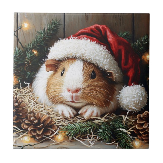 Guinea Pig Wearing a Santa Hat Tile (Front)
