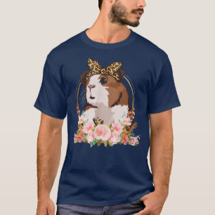 Guinea Pig With Leopard Headband Flower Animal Art T-Shirt