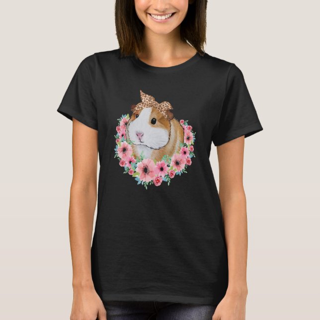 Guinea Pig With Leopard Headband Flower Guinea Pig T-Shirt (Front)