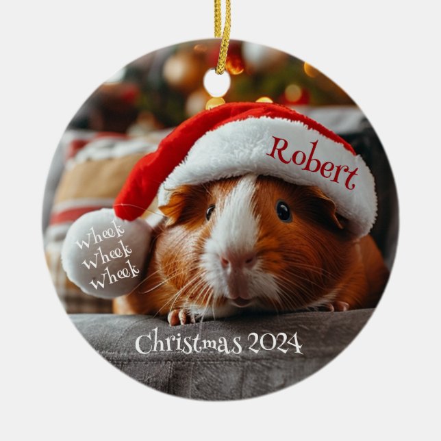 Guinea Pig with Santa Cap Personalised Ornament (Front)