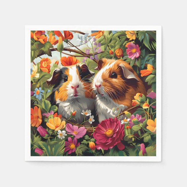 Guinea Pigs Among Garden Blooms Napkin (Front)