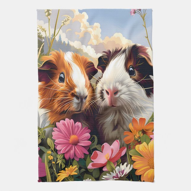 Guinea Pigs Among Wildflowers Tea Towel (Vertical)