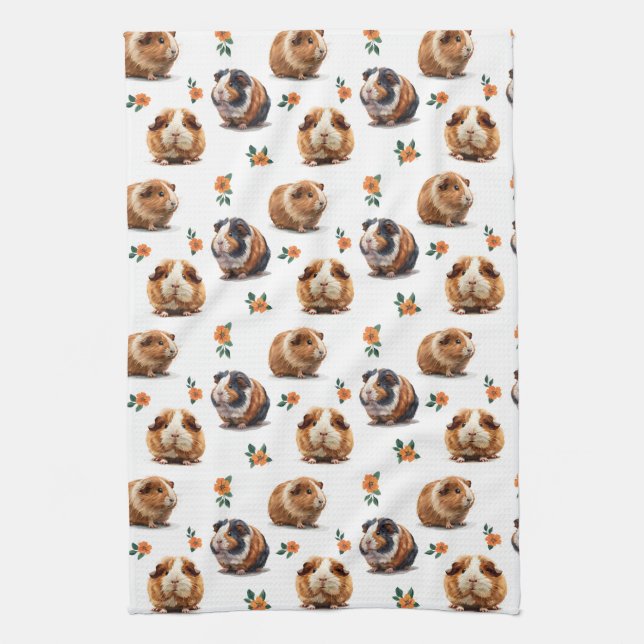 Guinea Pigs And Orange Flowers Tea Towel (Vertical)