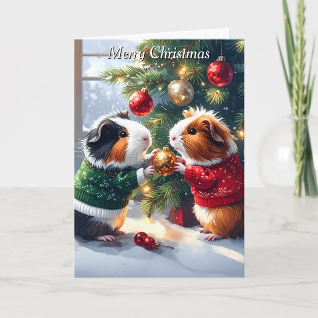 Guinea Pigs & Christmas Tree Christmas Card (Front)