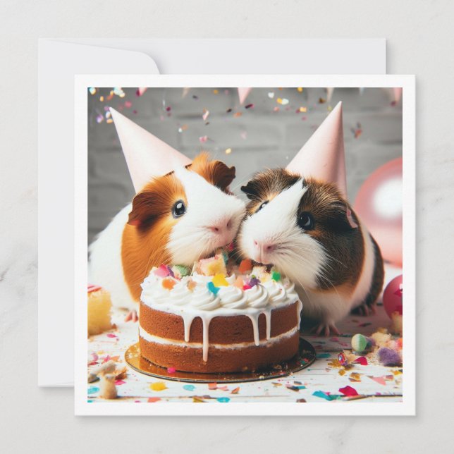 Guinea pigs eating cake birthday invitation (Front)
