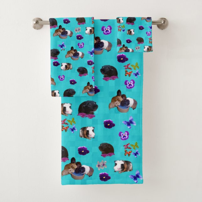 Guinea Pigs, Flowers And Butterflies On Aqua, Bath Towel Set (Insitu)