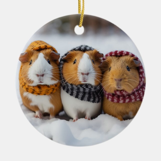 Guinea Pigs In The Snow Ceramic Tree Decoration (Front)